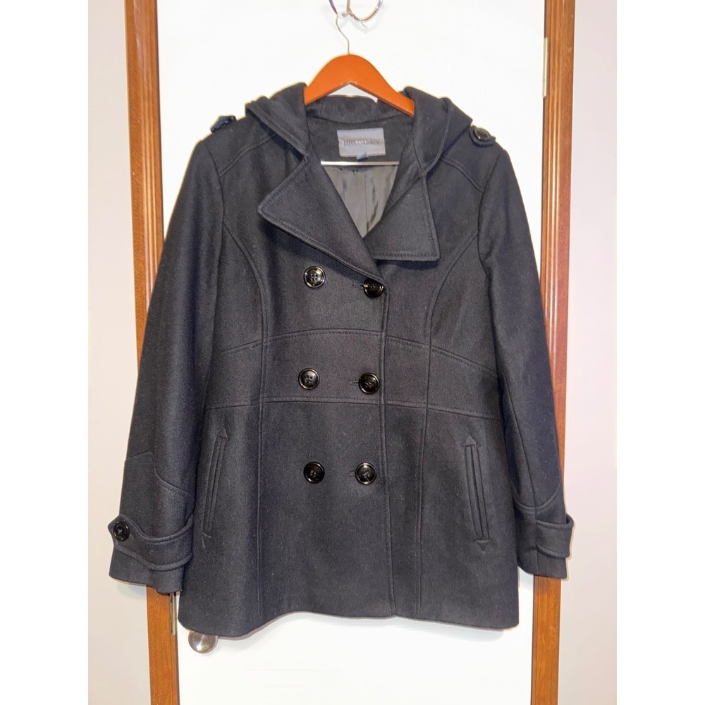 Bromley Black Wool Blend Pea Coat With Hood Sz XL
